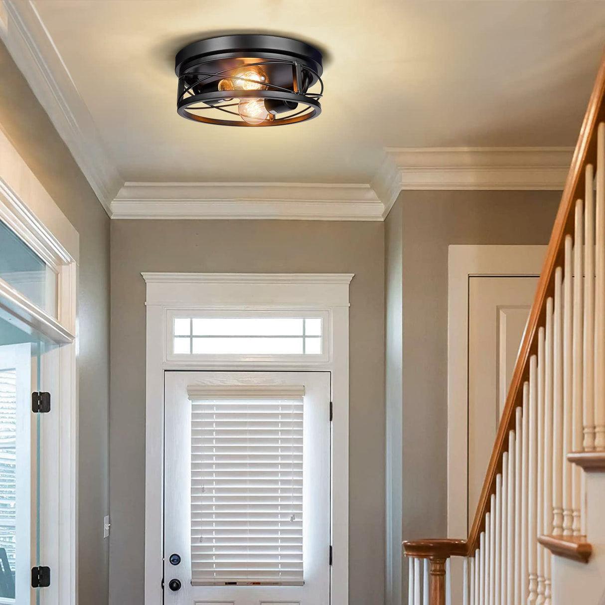 Feanron Farmhouse 2-Light Black Flush Mount Ceiling Light Fixtures, Industrial Vintage Metal Cage Closed to Ceiling Mount Lamp for Hallway Kitchen Bedroom 2 Pack, A19 LED Bulbs Included Feanron