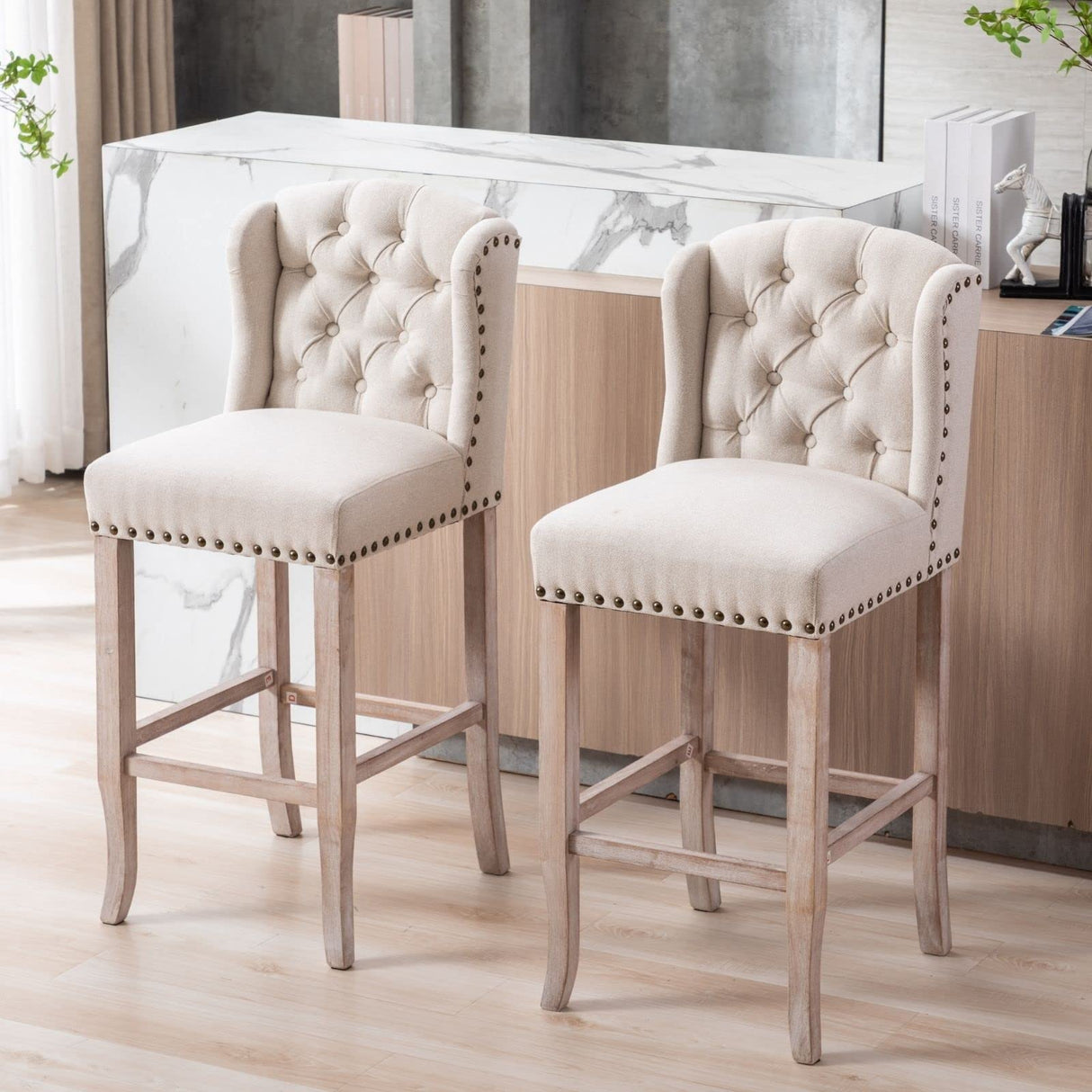 DUOMAY Classic Tufted 30 Inch Bar Stools Set of 2, Linen Upholstered Counter Chairs with Back, Armless Barstools Breakfast Stools W/Solid Wood Legs for Kitchen Island Lounge Pub Bar, Beige DUOMAY