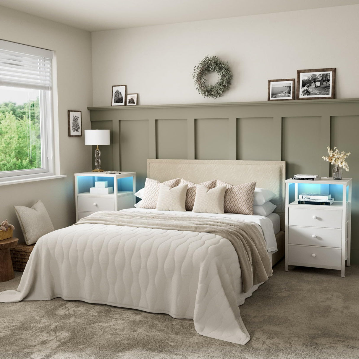 BOLUO White Night Stand with 3 Fabric Drawers, Nightstand with Charging Station LED Nightstand for Bedroom, Bedside Table with USB Ports and Outlets Modern BOLUO