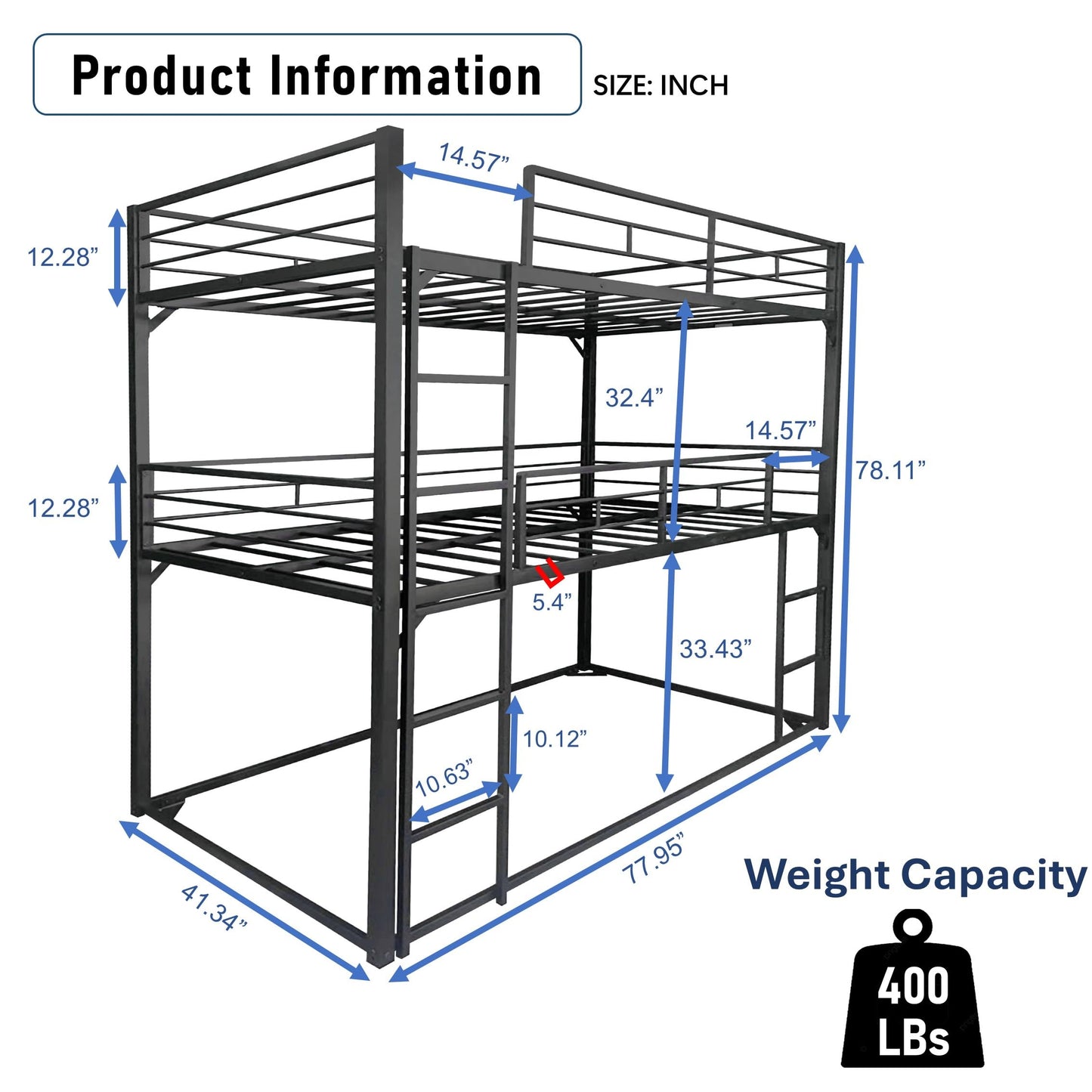 UOCFYK Metal Triple Bunk Bed with Built-in Ladder, Twin Over Twin Over Twin Bunkbeds with Full-Length Guardrail for Kids/Teen/Adults, No Box Spring Needed, Easy Assembly, Black