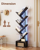 Casaottima Black Tree Bookshelf with LED Light Strip — 6-Tier Small Floor Standing Bookcase, Narrow Steel & Wood Book Organizer Shelf with Cabinet, Home Decor for Living Room/Bedroom/Home Office Casaottima