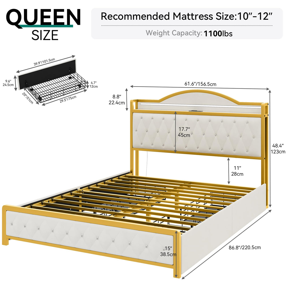 YITAHOME White Upholstered Queen Bed Frame with LED Lights, 4 Storage Drawers, and Charging Station YITAHOME