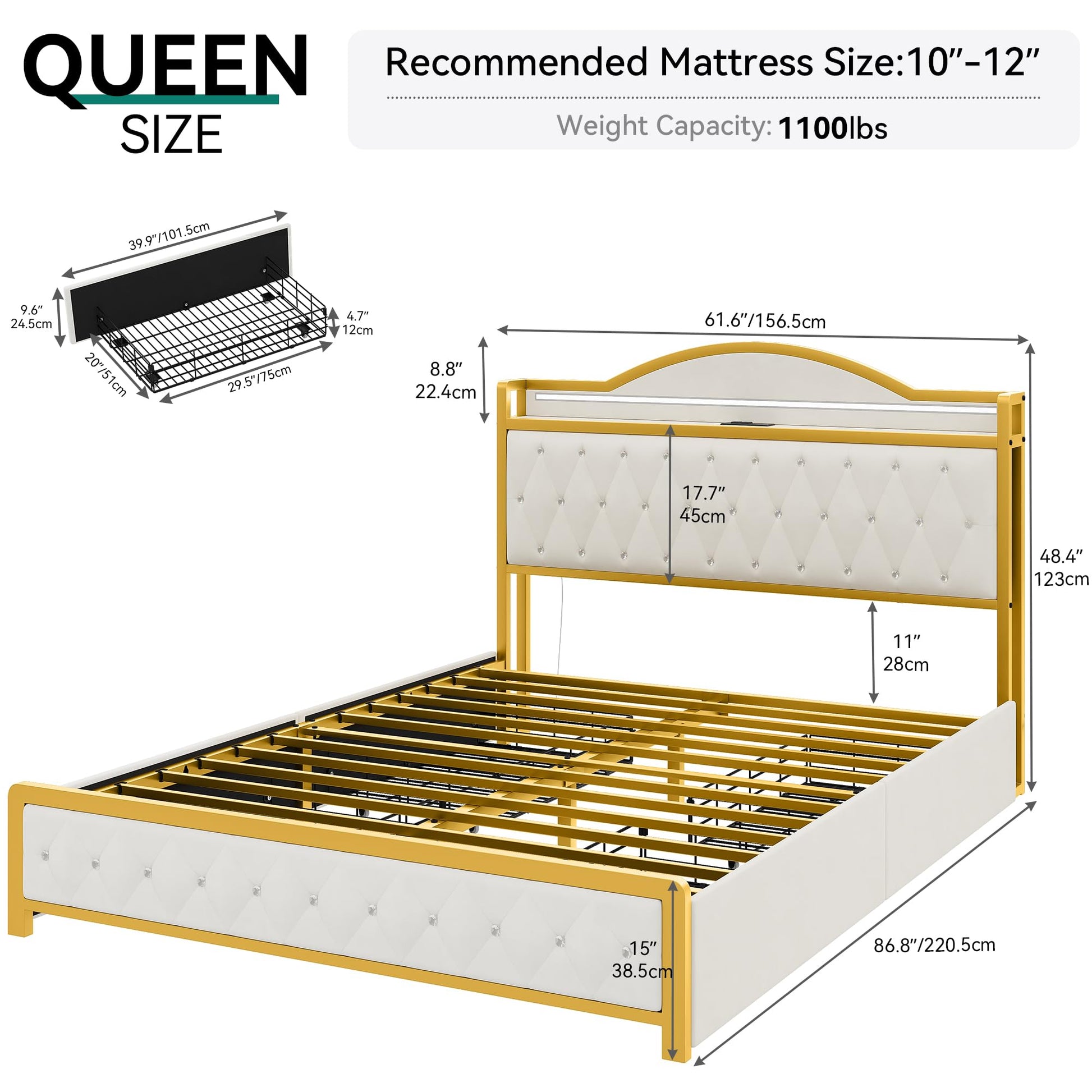 YITAHOME White Upholstered Queen Bed Frame with LED Lights, 4 Storage Drawers, and Charging Station - WoodArtSupply