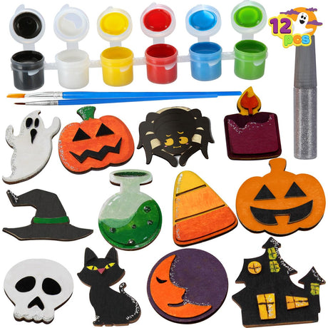 JOYIN 12 Pcs Halloween Wood Craft Kit, Wooden Magnet Creativity Arts Painting Kit, DIY Halloween Painting Craft for Kids Party Supplies, Toddler Party Favors Family School Activities JOYIN