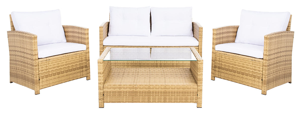 SAFAVIEH Outdoor Collection Vellor Natural/White Cushion 4-Piece Conversation Patio Set PAT7516D Safavieh