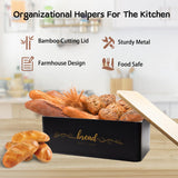Holismo Bread Box with Bamboo Cutting Board Lid, Metal Bread Box for Kitchen Counter, Small Bread Storage Container, Black Bread bin for Kitchen Countertop Holismo