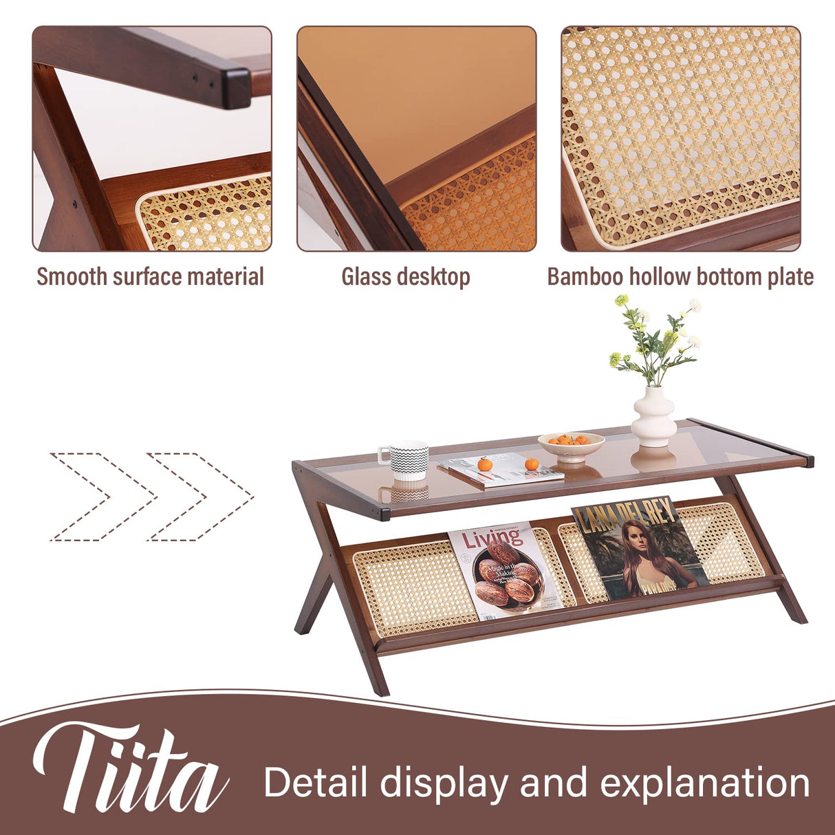 Tiita Rattan Coffee Table, Bamboo Accent Bedside Tables, Glass Nightstand Side Table, Boho Wooden End Table with Storage for Living Room,Living Room, Dining Room, Tea, Home Décor Tiita