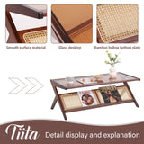Tiita Rattan Coffee Table, Bamboo Accent Bedside Tables, Glass Nightstand Side Table, Boho Wooden End Table with Storage for Living Room,Living Room, Dining Room, Tea, Home Décor Tiita
