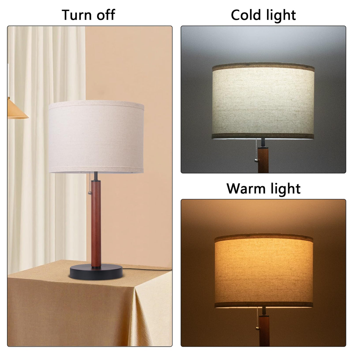 Mid Century Table Lamp,Walnut Wood Finish Table Lamps, Modern Mid Pull Chain Switch Bedside Lamps for Night Stands, Desk Lamp for Beding Room,Living Room,Reading Lamp with E26 Base,Linen LampShade HonoDing