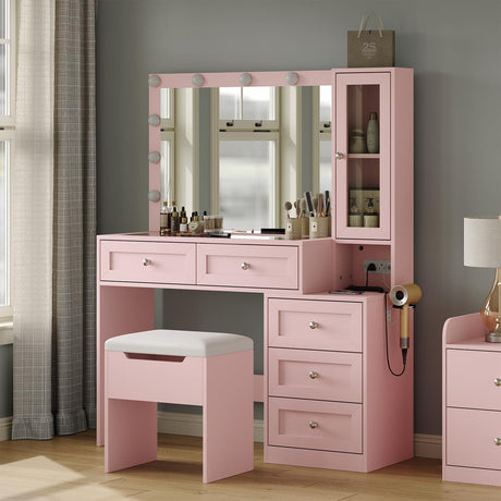 CollaredEagle 43" W Vanity Desk with Mirror & 11 Lights, 5 Drawer Modern Makeup Desk with Glass top & Cushioned Stool, 3 Lighting Modes Brightness Adjustable,Power Outlet,Bedroom，Pink CollaredEagle