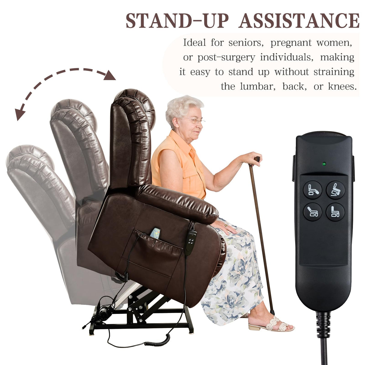 Infinite Position Lay Flat Lift Recliner Chair for Adults, Dual Motor Power Lift Chair for Elderly with Massage & Heating, Extended Footrest, USB Ports, Remote Control & Lumbar Pillow, Leather (Brown) RESTREAL