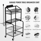 Power Tool Organizer Cart with Charging Station, Garage Floor Standing Rolling Drill and Tools Battery Storage Cart on Wheels, Rolling Tool Cart with 6 Outlet Power Strip FULOOPHI