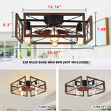 Capslpad 20''Farmhouse Flush Mount Ceiling Fan with Light and Remote Control,Industry Wood Low Profile Fan Rustic Industrial Caged Indoor Ceiling Fan for Bedroom Living Room Kitchen (4-Light) Capslpad