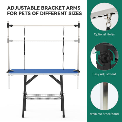 YITAHOME 46" Dog Grooming Table, Foldable Home Pet Bathing Station Table with Adjustable Arm, Non-Slip Desktop, Storage Tray& Noose, Blue - WoodArtSupply