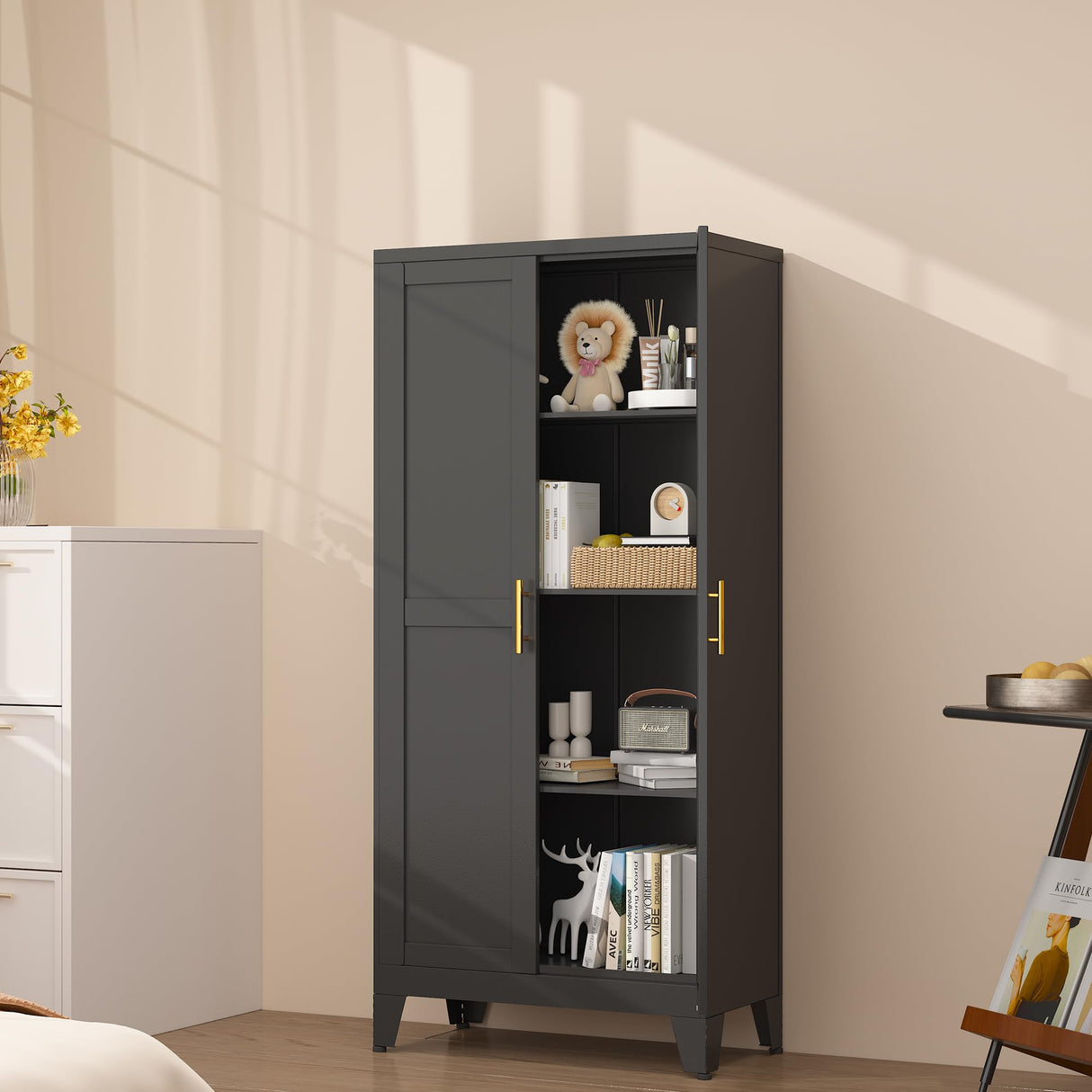 erosoei Metal Pantry Storage Cabinet, Kitchen Storage Cabinets with Adjustable Feet and Shelves, Pantry Cabinet for Kitchen, Living Room, Laundry Room and Dinning Room erosoei