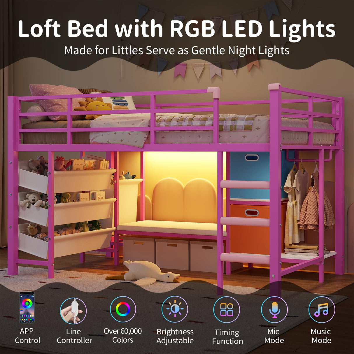 DICTAC Low Twin Size Loft Bed with Reading Corner and Bookshelf,Metal Twin Loft Bed with LED Lights,3 Sling Drawers&2 Movable Storage Bins,loft bed for Kids with 13.98"H Safety Guardrail & Stairs,Pink DICTAC
