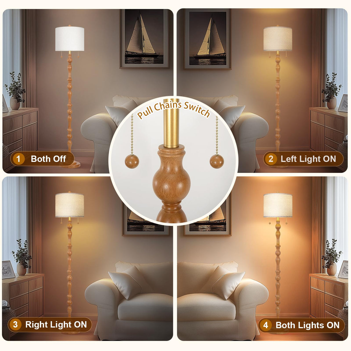 65.5" Natural Real Wood Floor Lamp with S Cluster Pull Chains Dual Switch,Wood Base Tall Lamp,Farmhouse Standing Lamp for Living Room,with Linen Shade,Floor Lamp for Living Room,Bedroom(Bulb Included) Scenekoy
