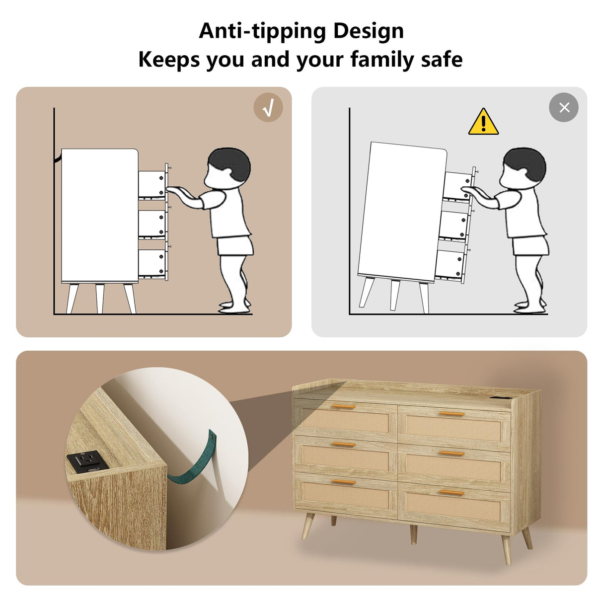 FUSOU 6 Drawer Dresser for Bedroom, Rattan Modern Dresser with Power Outlet, Wide Desktop Chest of Drawers Anti-tip, Oak Wood Storage Closet Dressers for TV, Living Room, Hallway, Entryway, Oak FUSOU