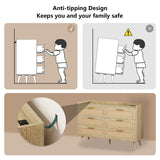 FUSOU 6 Drawer Dresser for Bedroom, Rattan Modern Dresser with Power Outlet, Wide Desktop Chest of Drawers Anti-tip, Oak Wood Storage Closet Dressers for TV, Living Room, Hallway, Entryway, Oak FUSOU