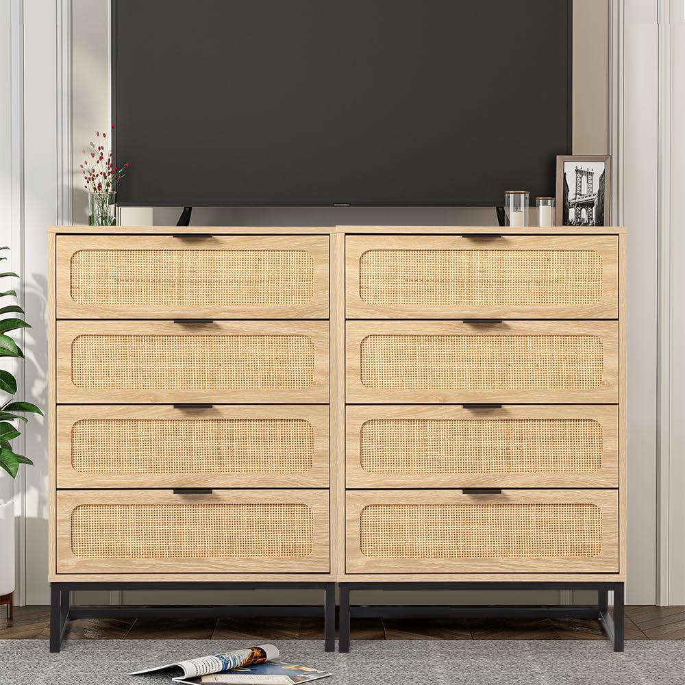 affeivul Mid Century Modern Dresser, 4 Drawer Rattan Dresser for Bedroom Wood, Boho Wooden Rattan Storage Cabinet Side Table with Solid Metal Legs, Tall Skinny Dresser for Closet (Natural) affeivul