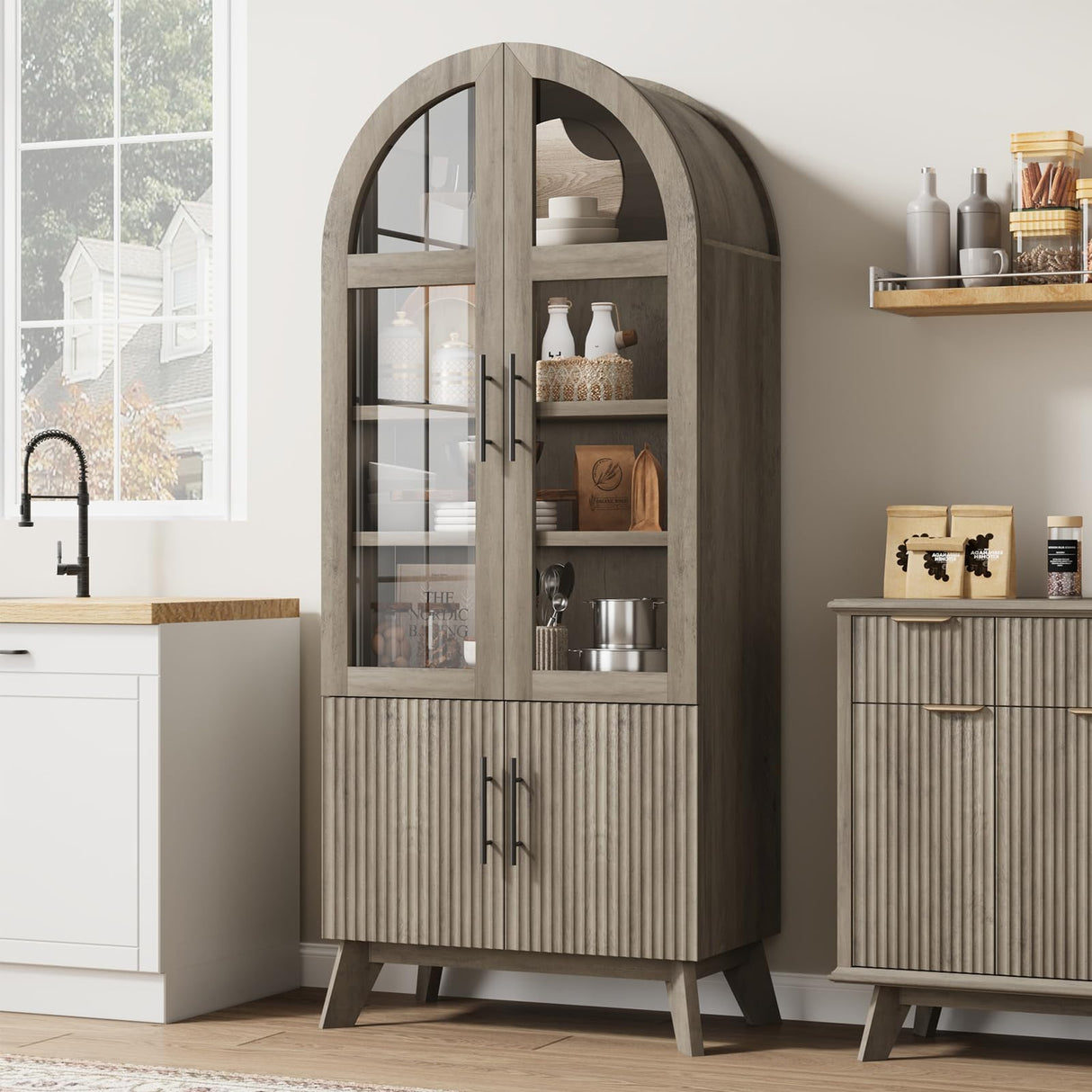 RNLRNL 71" Modern Fluted Display Cabinet with Glass Door, Arched Curio Cabinet with Adjustable Shelf, Bookcase for Collectibles Books, Storage Cabinet for Living Room, Dining Room, Grey RNLRNL