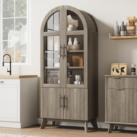 RNLRNL 71" Modern Fluted Display Cabinet with Glass Door, Arched Curio Cabinet with Adjustable Shelf, Bookcase for Collectibles Books, Storage Cabinet for Living Room, Dining Room, Grey RNLRNL