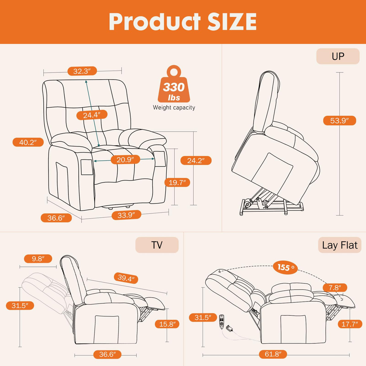 Sweetcrispy Power Lift Recliner Chair with Vibration Massage and Heat for Elderly, Ergonomic Overstuffed Breathable Fabric Reclining Chair with 3 Pockets, Remote Control, Living Room, Bedroom, Tan Sweetcrispy