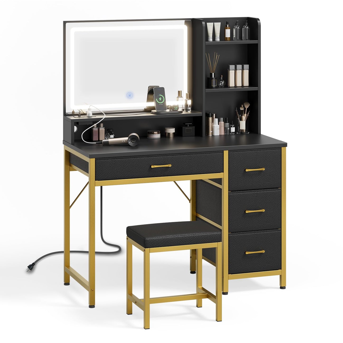 Rolanstar Vanity Desk with Mirror and Lights, Makeup Vanity with Upholstered Vanity Stool, 4 Drawers, Power Outlets, Vanity Set with 4 Compartments for Bedroom Black and Gold