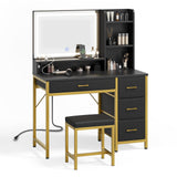 Rolanstar Vanity Desk with Mirror and Lights, Makeup Vanity with Upholstered Vanity Stool, 4 Drawers, Power Outlets, Vanity Set with 4 Compartments for Bedroom Black and Gold Rolanstar