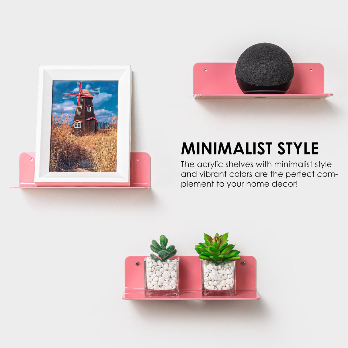 OAPRIRE Pink Acrylic Floating Shelves Set of 2 - Easily Expand Wall Space - Small Wall Shelf with Strong Adhesive for Bedroom, Kids' Room, Bathroom, etc OAPRIRE