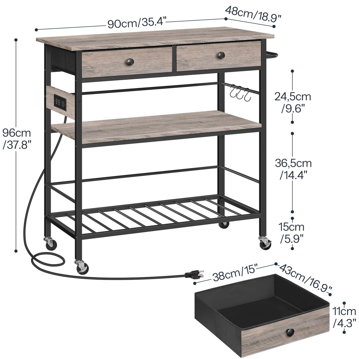 HOOBRO Kitchen Island with Storage, Rolling Island Cart for Kitchen with 2 Drawers & Outlet, 3 Tier Coffee Station and Microwave Stand, Kitchen Island Table for Home, Greige and Black BG08UZD01 HOOBRO