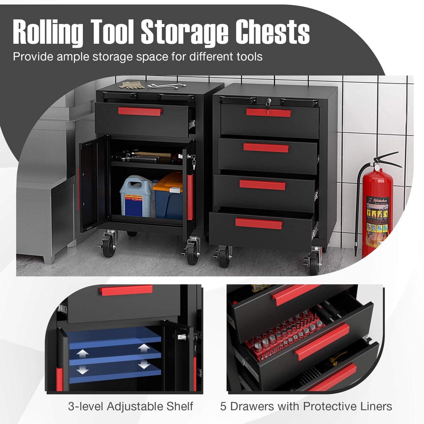 Goplus Garage Cabinets and Storage System, 6-Piece Garage Organization Cabinets Set with Rubber Wood Worktop, Pegboard, 2 Rolling Chests, Lockers, Tool Storage Chest for Workshop, 81.5” x 18. - WoodArtSupply