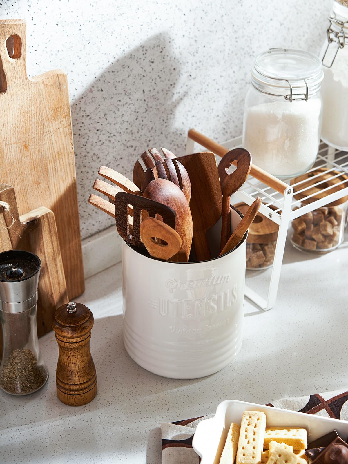 DOWAN 7.2″ Extra Large Kitchen Utensil Holder - Farmhouse Utensil Holder for Countertop - Ceramic Utensil Crock with Protection Cork Mat - Kitchen Decor & Housewarming Gift (White) - WoodArtSupply