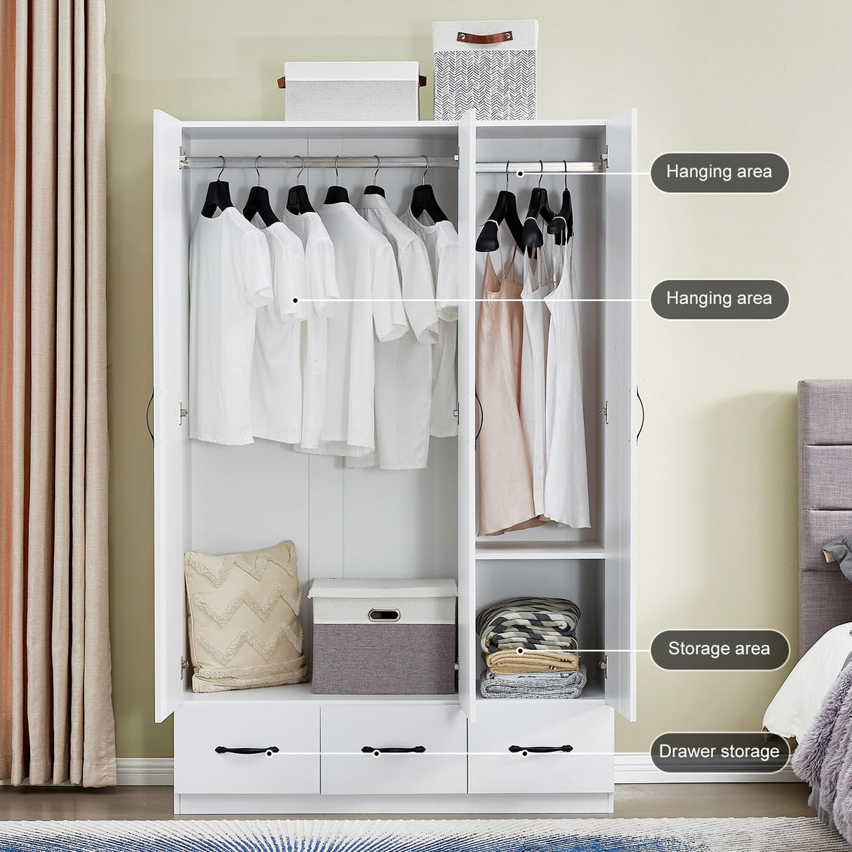 GraceGrove Armoire Wardrobe Closet Mirror, 3 Doors 2 Drawers White Large Capacity Clothing Storage Bedroom Armoires Wardrobe Closet with Hanging Rod 47.3" L x 20.3" W x 74.2" H GraceGrove