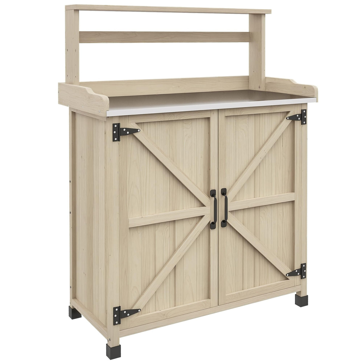 Outsunny Potting Bench, Outdoor Wooden Potting Table with Storage Cabinet with 2 Shelves, Garden Work Bench with Galvanized Plated Tabletop for Backyard, Balcony, Natural Outsunny