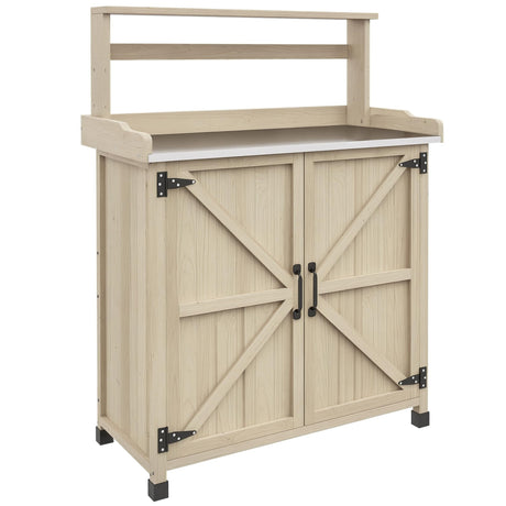 Outsunny Potting Bench, Outdoor Wooden Potting Table with Storage Cabinet with 2 Shelves, Garden Work Bench with Galvanized Plated Tabletop for Backyard, Balcony, Natural Outsunny