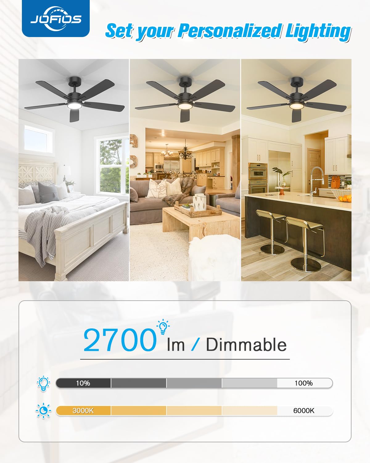 JOFIOS Ceiling Fans with Lights,48 inch Ceiling Fan with Light and Remote,Reversible,3CCT,6-speeds,Dimmable,Noiseless,Black Ceiling Fan for Bedroom, Kitchen,Living Room JOFIOS