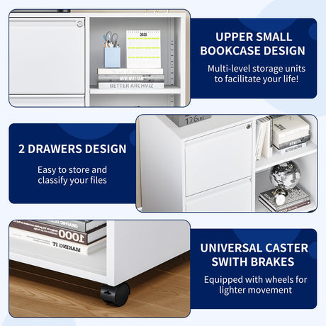 Yizosh 2-Drawer Metal File Cabinet with Lock, Mobile Lateral Filing Cabinet, Printer Stand with Adjustable Storage Shelves for Home Office (White) Yizosh