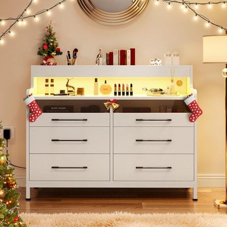 YITAHOME Dressers with LED Lights, 6 Drawer Dressers & Chests of Drawers, Modern Wood Dresser with Open Shelf Storage for Room, Entryway, Hallway, White YITAHOME