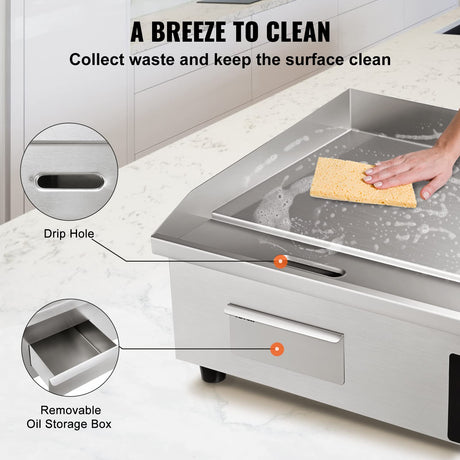 VEVOR Commercial Electric Griddle, 22", 1600W Countertop Flat Top Griddle, Stainless Steel Teppanyaki Grill w/Iron Cooking Plate, 122-572℉ Adjustable Temp Control 2 Shovels & Brushes, 110V VEVOR