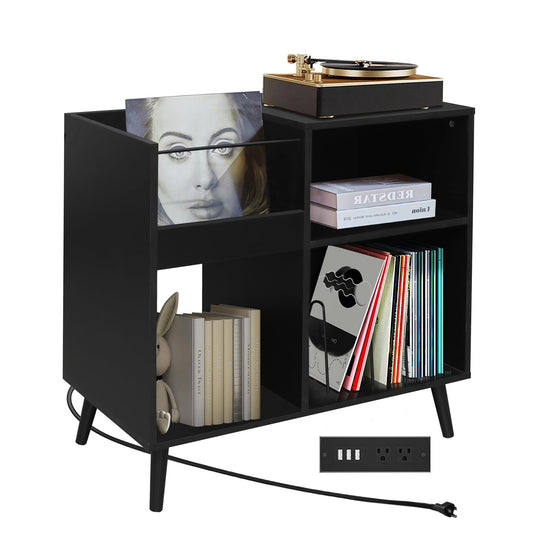 affeivul Mid-Century Vinyl Storage Cabinet Table with Solid Wood Legs, Turntable Stand with Power Outlet Holds up to 200 Albums, Record Player Holder Display Shelf, End Table for Bedroom Living Room