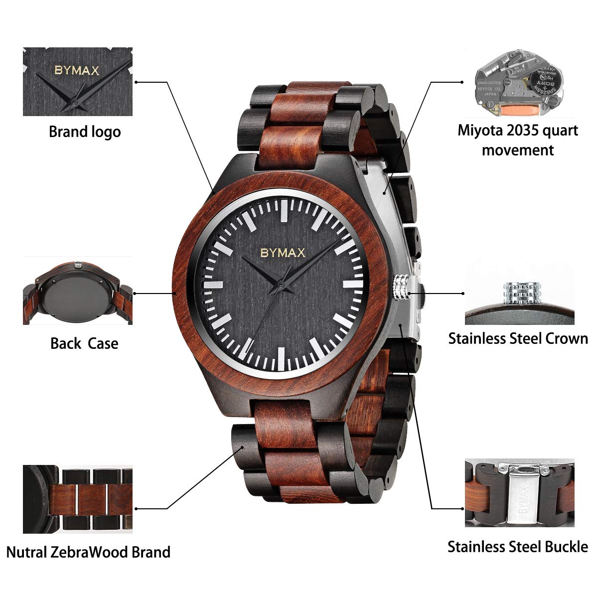 BYMAX Personalized Name Wooden Watch, Custom Engraved Wood Watch Gradulation Birthday Anniversary Wedding Gifts for Men Groomsmen Husband Son BYMAX