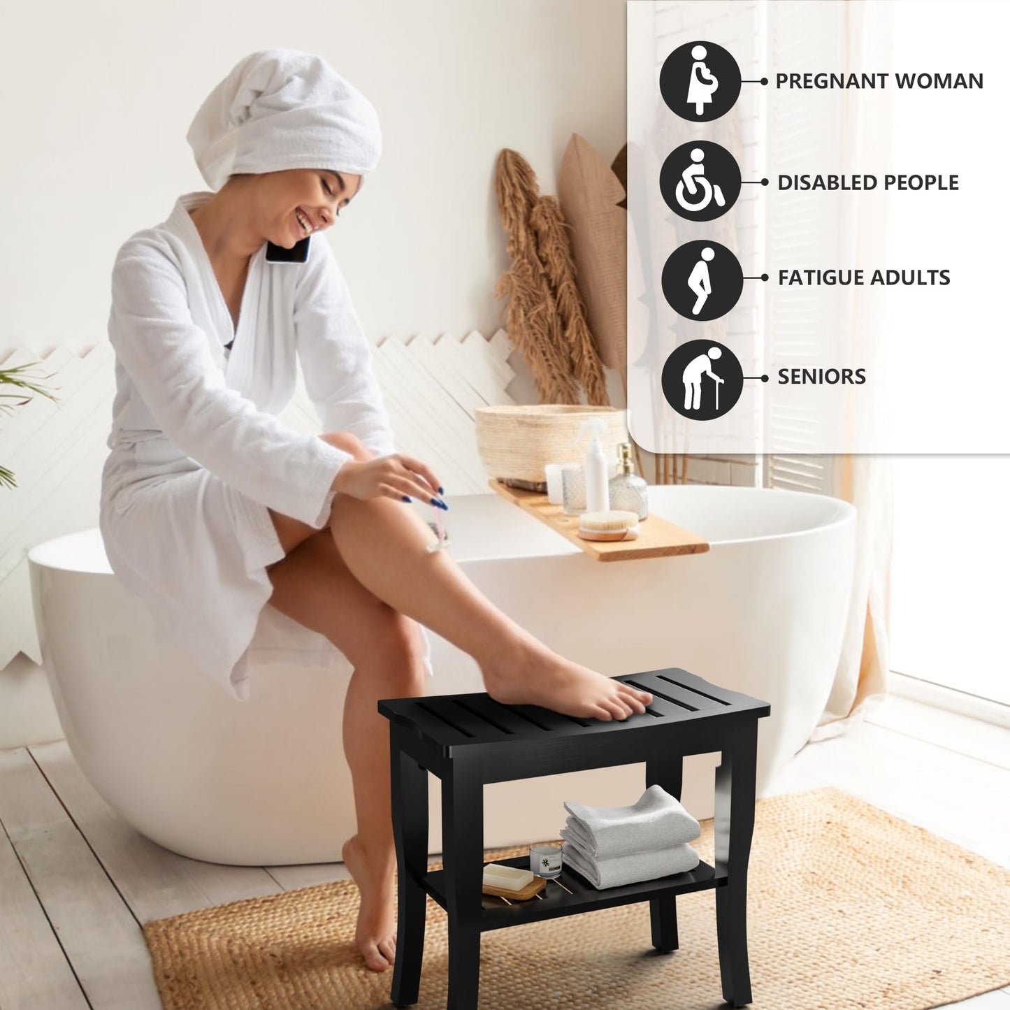 Bamboo Shower Bench & Stool Waterproof - Wood Shower Bench with Storage Shelf for Inside Shower(Black)