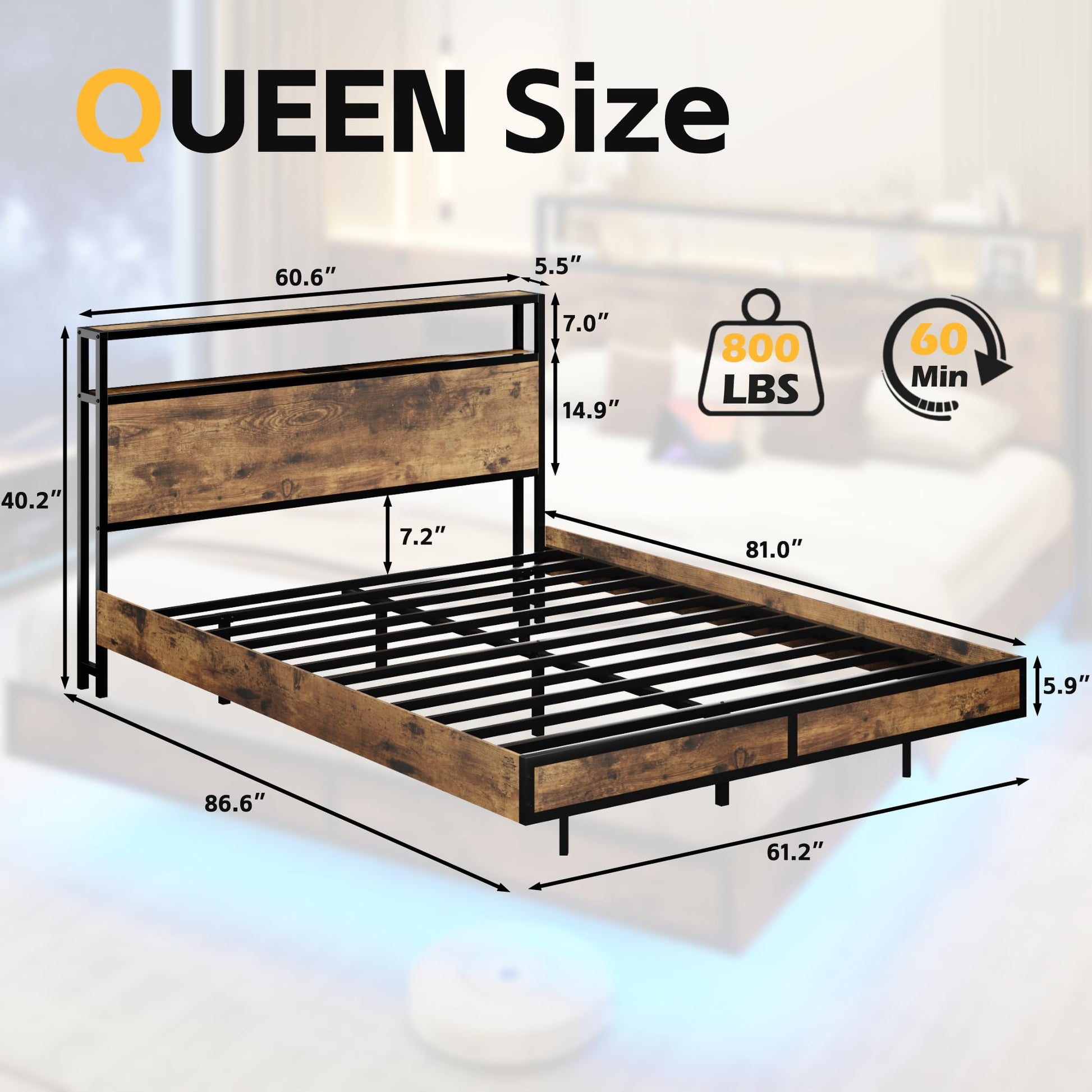 HISOFT Floating Queen Bed Frame with LED Lighting, USB Charging, and 2-Tier Storage - Vintage Brown - WoodArtSupply