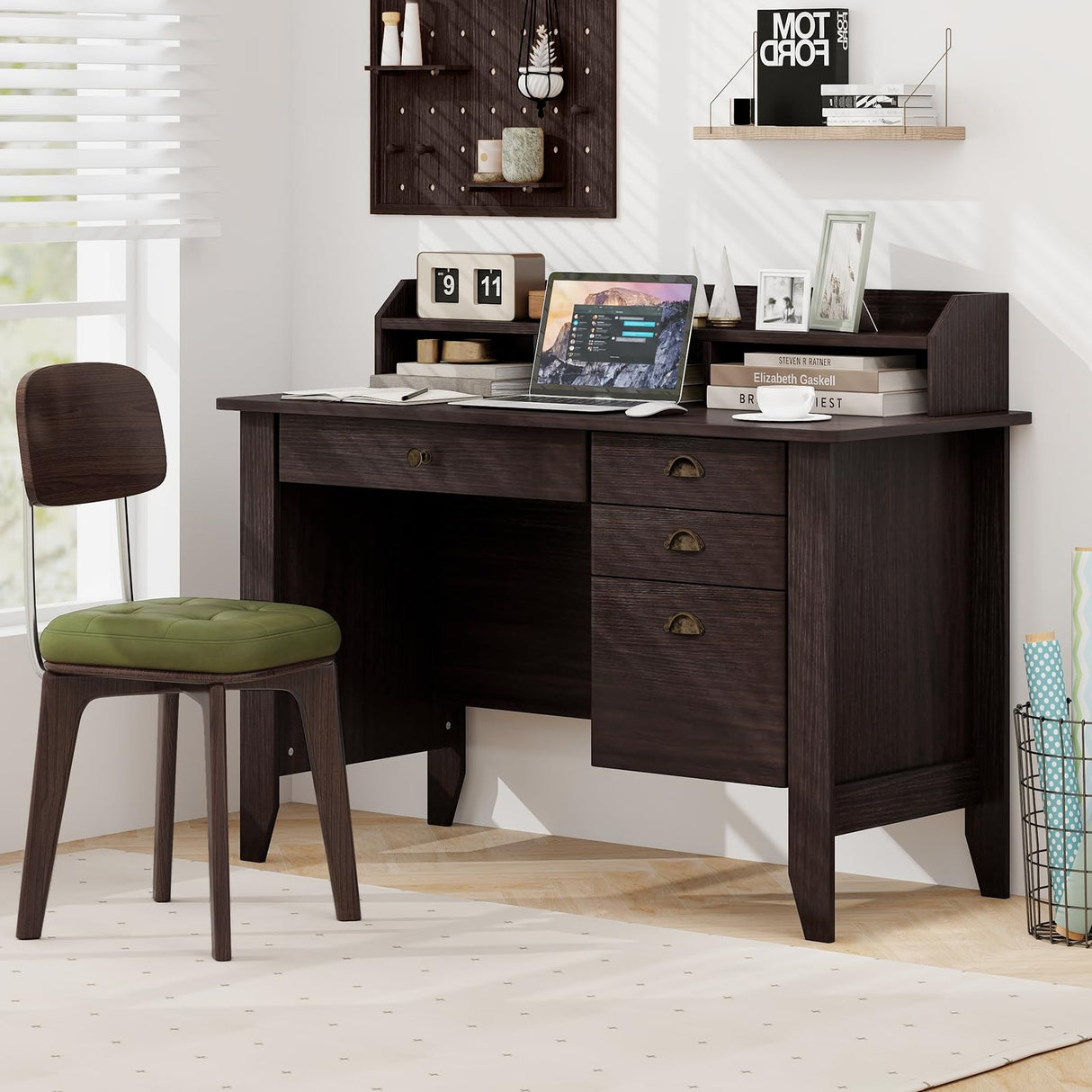 Safeplus 48" Computer Desk with 4 Storage Drawers and Hutch Wood Executive Table for PC Laptop Safeplus