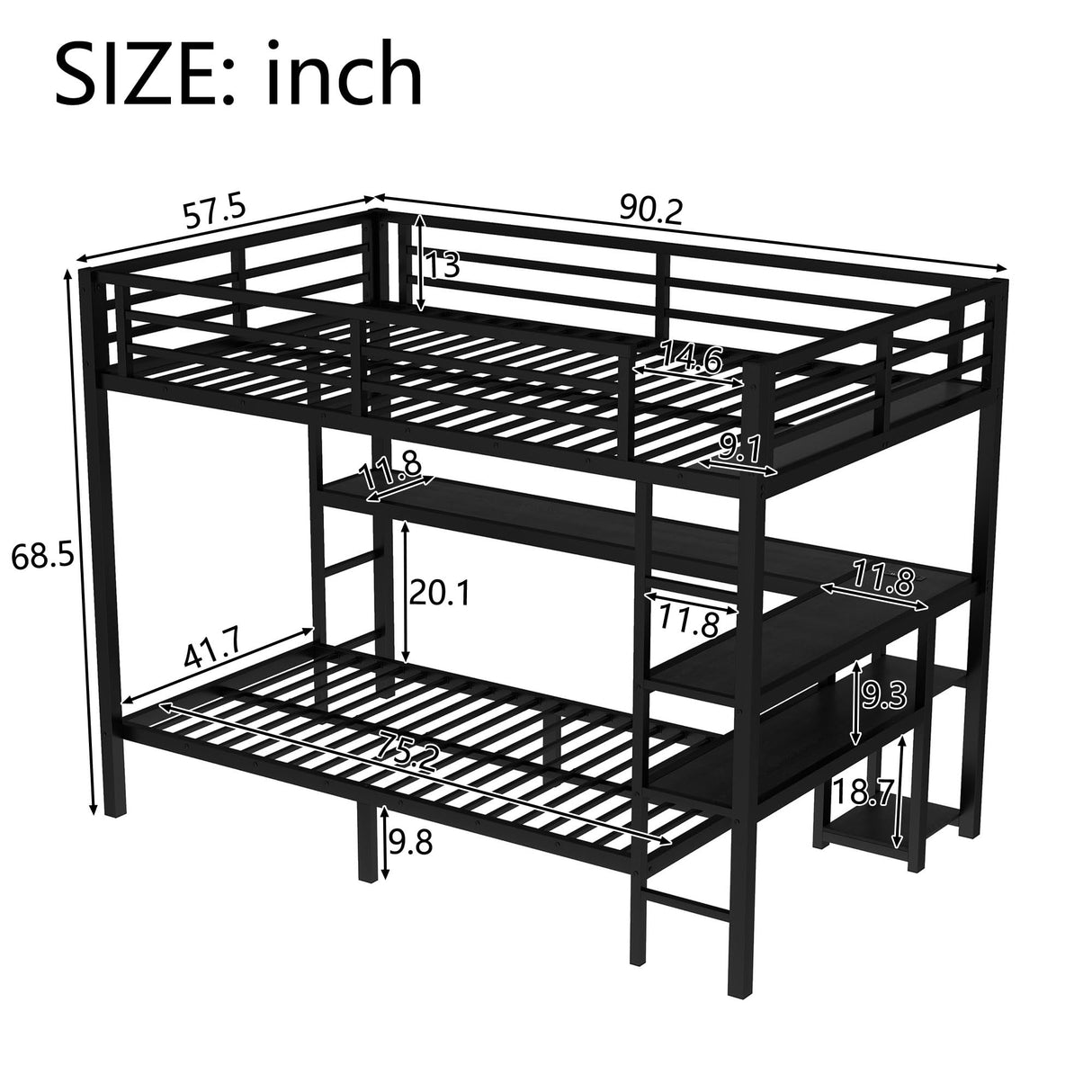 Bellemave Twin Over Full XL bunk Bed, bunk Bed with Desk, loft Bed with Desk and Shelves, Twin Over Full Metal Bunk Bed, Bunk/Loft Bed with LED and USB, Black Bellemave