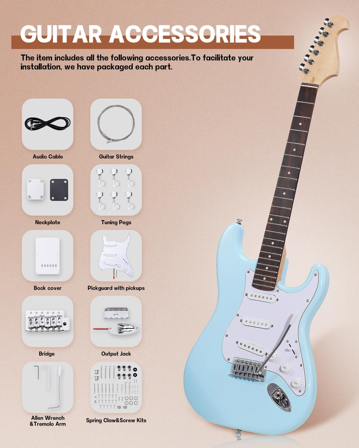Leo Jaymz DIY ST Style Electric Guitar Kits,Spray-painted Mahogany Body,Laurel Wood Fingerboard and Maple Neck, including all Components (ST-Sonic Blue) Leo Jaymz