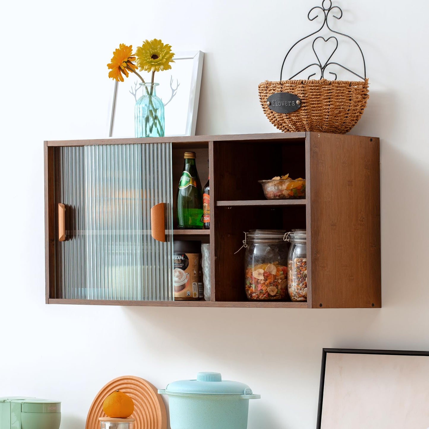 HollyHOME Bamboo Wall Mounted Kitchen Sideboard with 2 Sliding Glass Door, Freestanding Wall Storage Cabinet with Side Shelf for Bottle, Dish, Bowl, Console Dining Cupboard, Walnut - WoodArtSupply