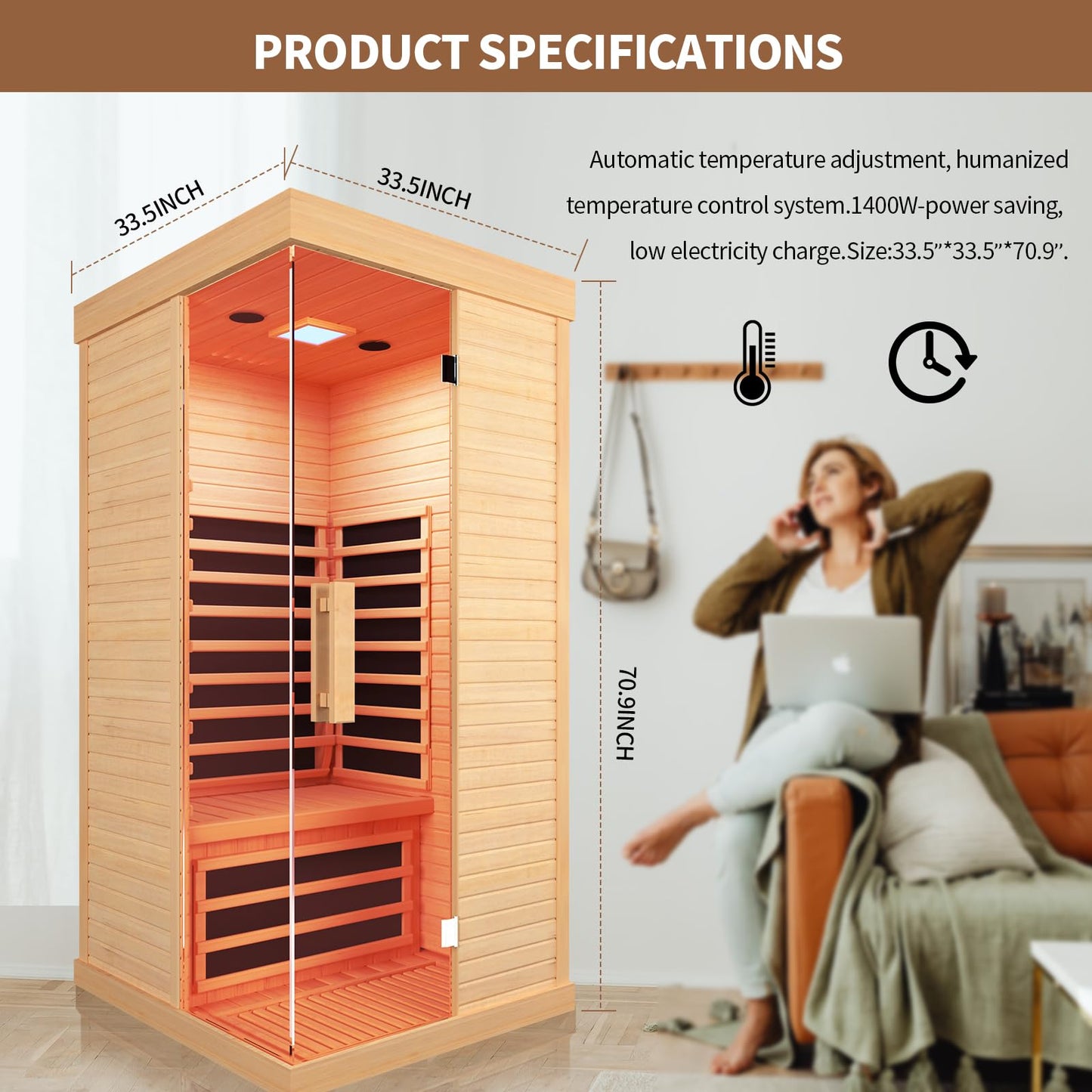 OUTEXER Sauna Room Indoor Far Infrared Saunas Home Canadian Hemlock 1400W Low-EMF Dry Saunas Single Person Spa with 7 Color Therapy 33.5 * 33.5 * 70.9inch