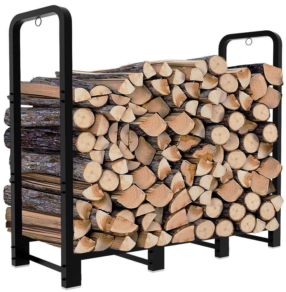 Artibear 4ft Outdoor Firewood Rack, Upgraded Adjustable Heavy Duty Logs Stand Stacker Holder for Fireplace - Metal Lumber Storage Carrier Organizer, Bright Black Artibear
